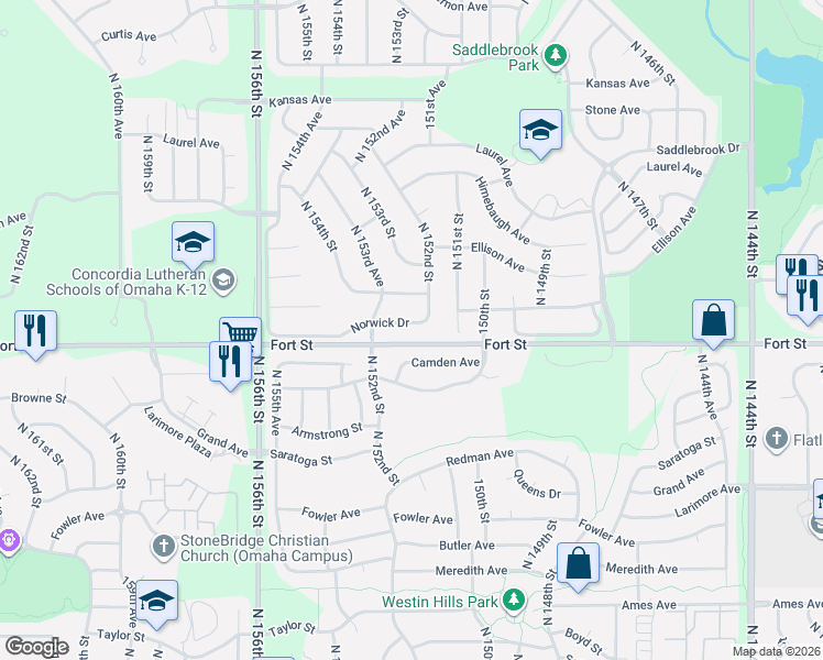map of restaurants, bars, coffee shops, grocery stores, and more near 15201 Norwick Drive in Omaha