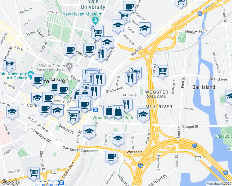 map of restaurants, bars, coffee shops, grocery stores, and more near 341 Saint John Street in New Haven