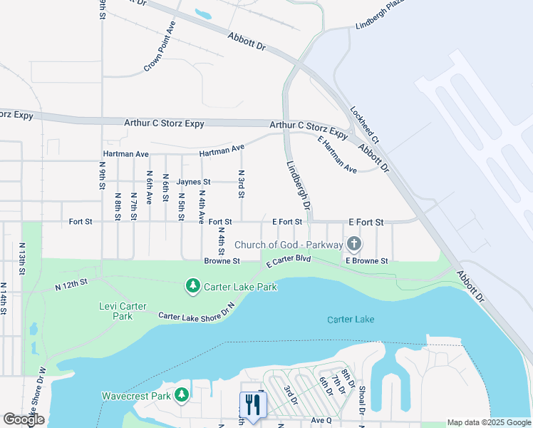 map of restaurants, bars, coffee shops, grocery stores, and more near 186 East Fort Street in Omaha