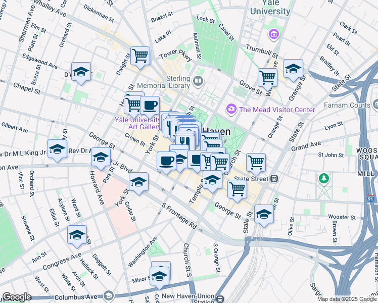 map of restaurants, bars, coffee shops, grocery stores, and more near 262 College Street in New Haven