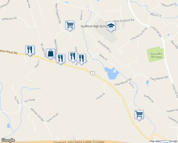 map of restaurants, bars, coffee shops, grocery stores, and more near 2241 Boston Post Road in Guilford