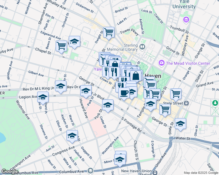 map of restaurants, bars, coffee shops, grocery stores, and more near 100 York Street in New Haven