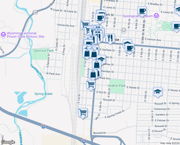 map of restaurants, bars, coffee shops, grocery stores, and more near 704 South 2nd Street in Laramie