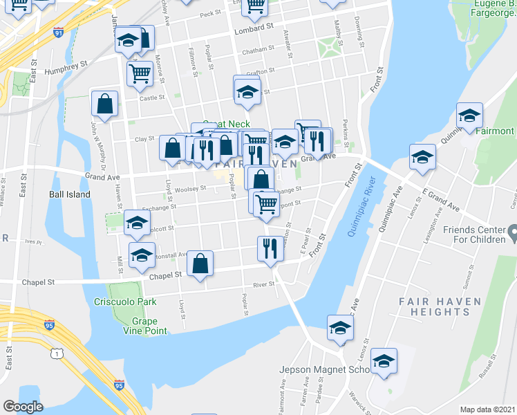 map of restaurants, bars, coffee shops, grocery stores, and more near 260 Ferry Street in New Haven