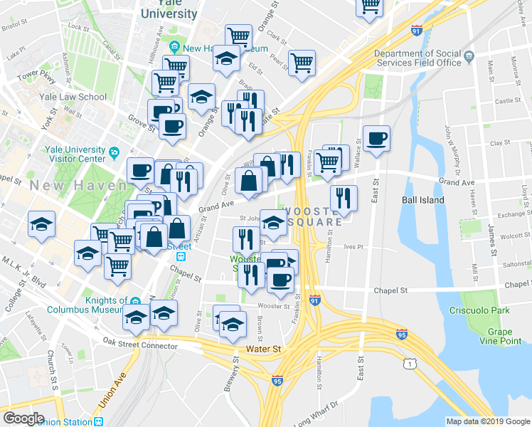 map of restaurants, bars, coffee shops, grocery stores, and more near 241 Saint John Street in New Haven