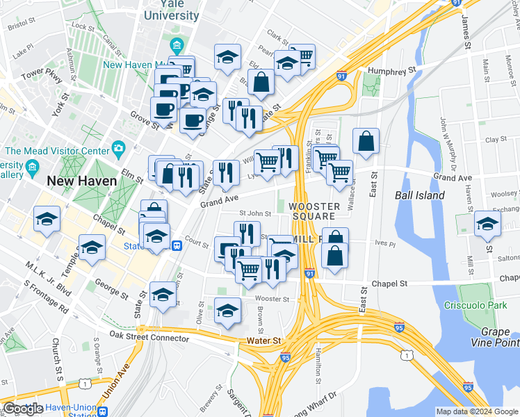 map of restaurants, bars, coffee shops, grocery stores, and more near 241 Saint John Street in New Haven