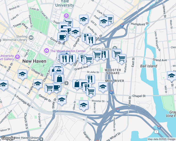 map of restaurants, bars, coffee shops, grocery stores, and more near 295 Saint John Street in New Haven