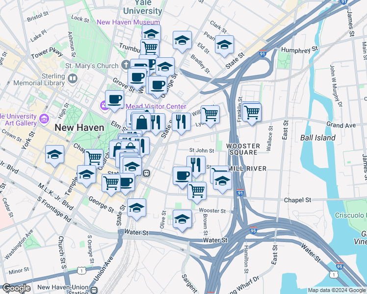 map of restaurants, bars, coffee shops, grocery stores, and more near 146 Olive Street in New Haven
