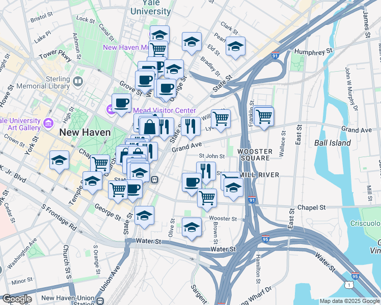 map of restaurants, bars, coffee shops, grocery stores, and more near 146 Olive Street in New Haven