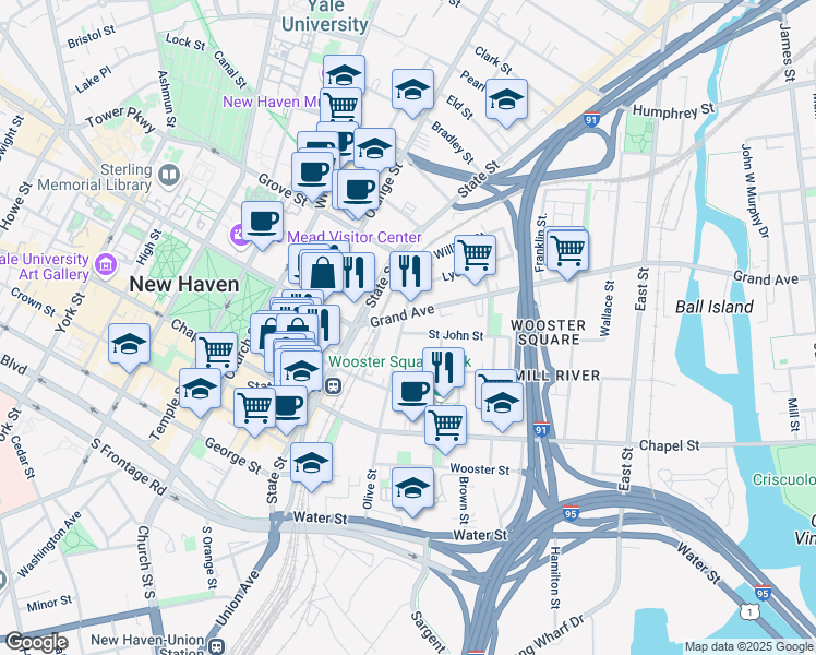 map of restaurants, bars, coffee shops, grocery stores, and more near 146 Olive Street in New Haven