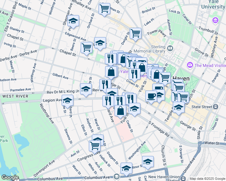 map of restaurants, bars, coffee shops, grocery stores, and more near 434 George Street in New Haven