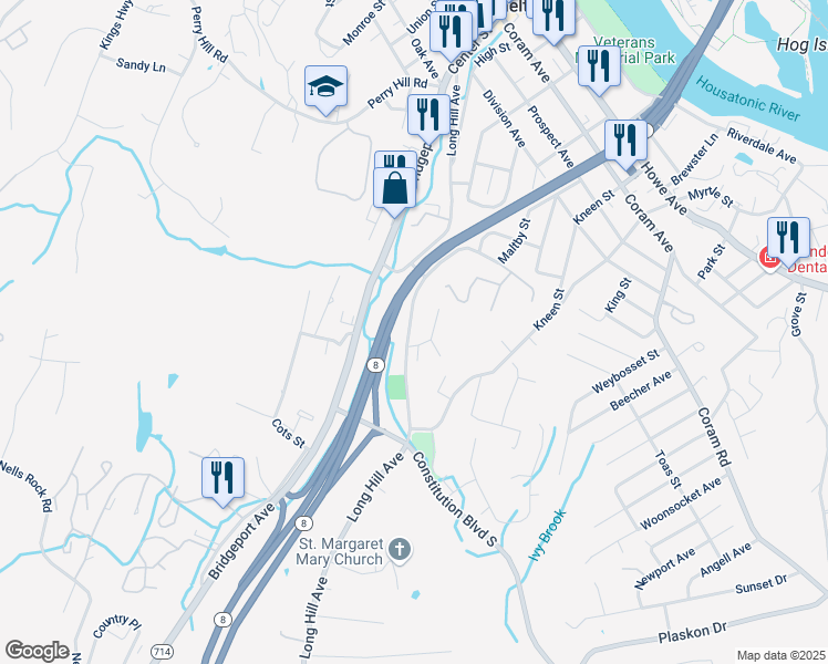 map of restaurants, bars, coffee shops, grocery stores, and more near 5 High Plains Road in Shelton