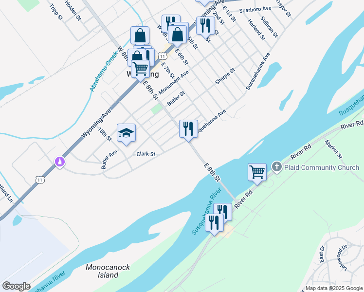 map of restaurants, bars, coffee shops, grocery stores, and more near 362 Susquehanna Avenue in Wyoming
