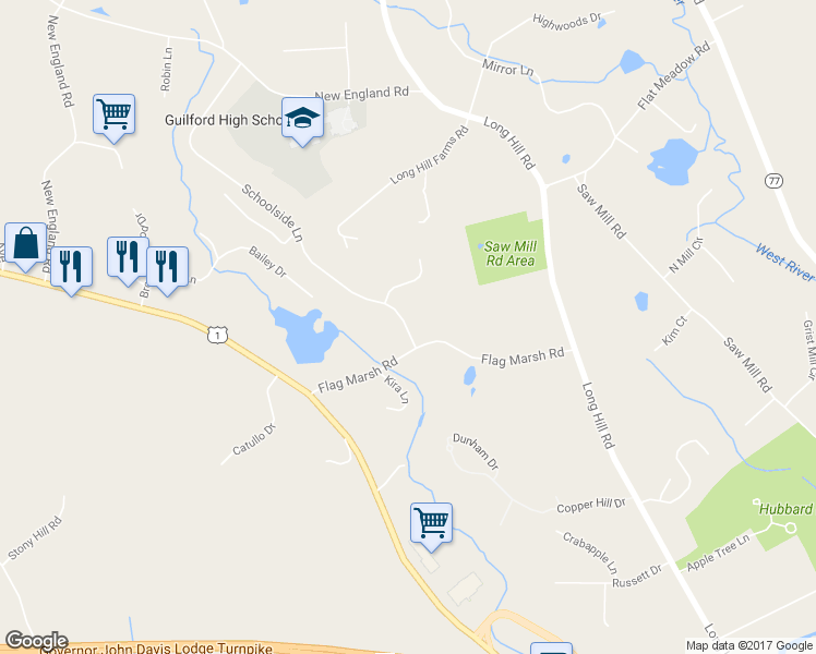 map of restaurants, bars, coffee shops, grocery stores, and more near 424 Schoolside Lane in Guilford