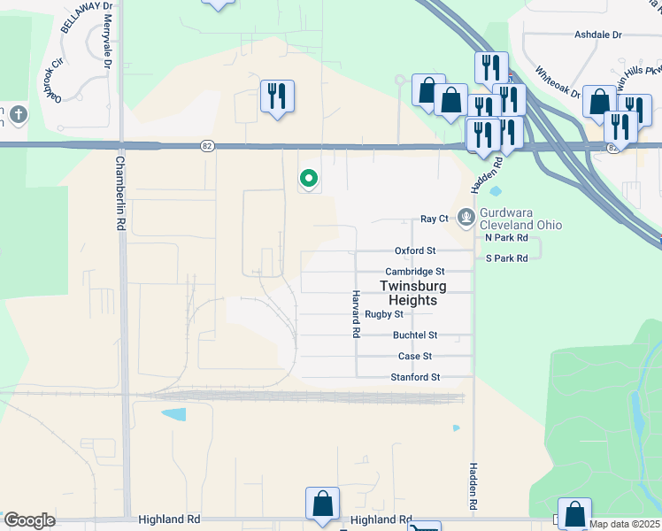 map of restaurants, bars, coffee shops, grocery stores, and more near 1967 Cambridge Street in Twinsburg