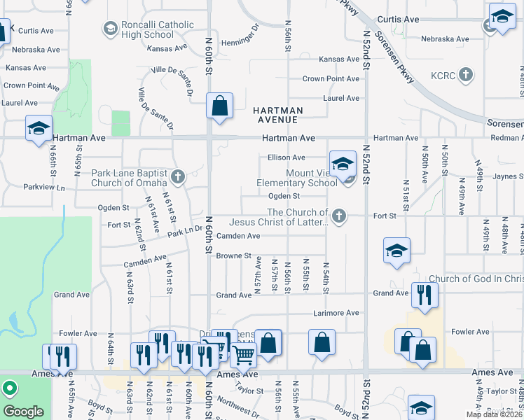 map of restaurants, bars, coffee shops, grocery stores, and more near 5714 Fort Street in Omaha