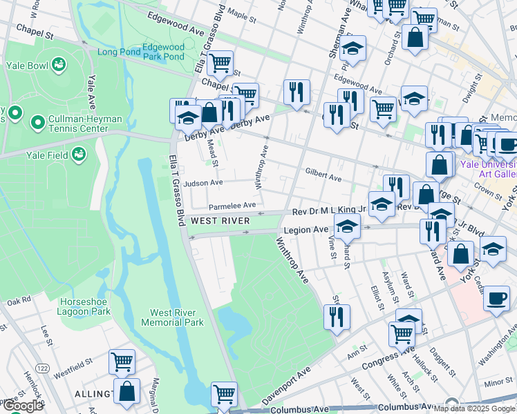 map of restaurants, bars, coffee shops, grocery stores, and more near 176 Winthrop Avenue in New Haven