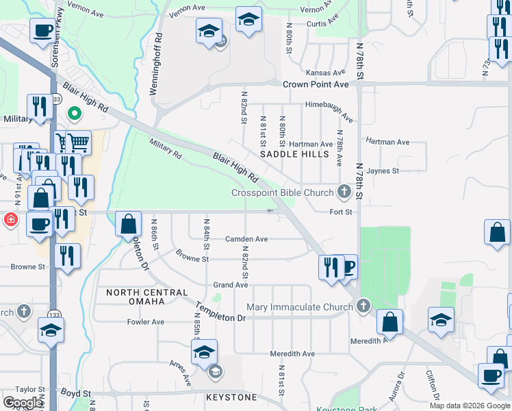 map of restaurants, bars, coffee shops, grocery stores, and more near in Omaha