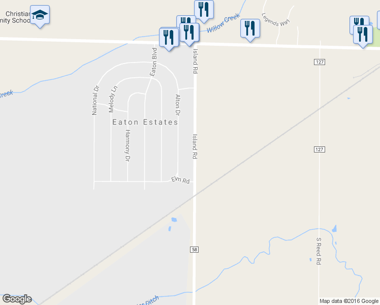 map of restaurants, bars, coffee shops, grocery stores, and more near 12372 Island Road in Grafton