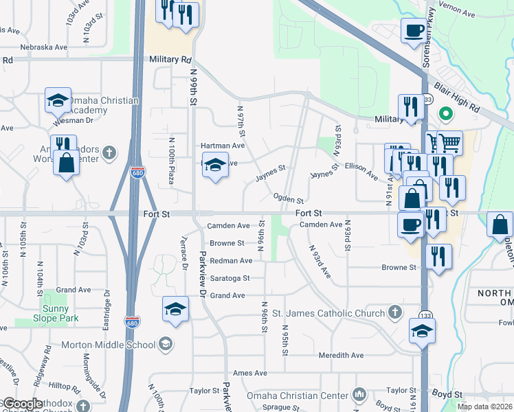map of restaurants, bars, coffee shops, grocery stores, and more near 9729 Ogden Circle in Omaha