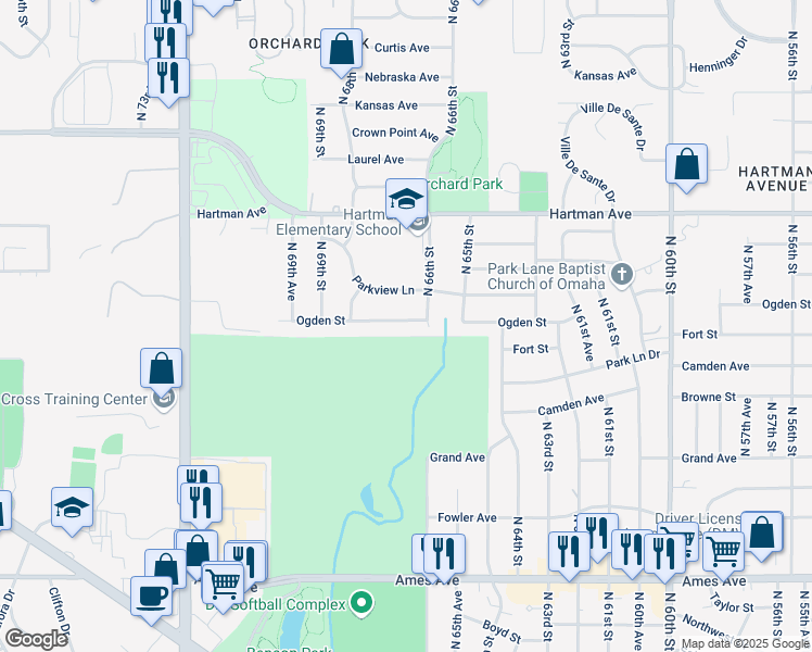 map of restaurants, bars, coffee shops, grocery stores, and more near 6615 Ogden Street in Omaha
