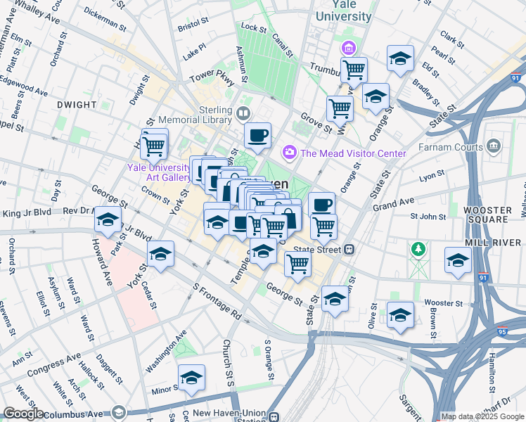 map of restaurants, bars, coffee shops, grocery stores, and more near 230 Temple Street in New Haven