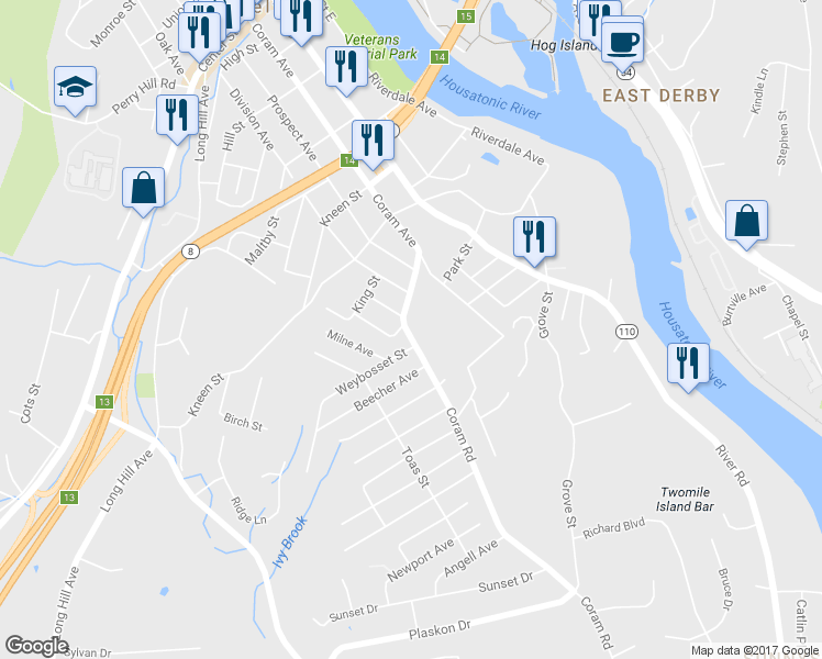 map of restaurants, bars, coffee shops, grocery stores, and more near 27 Coram Road in Shelton