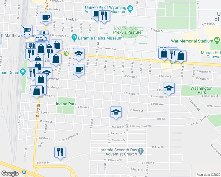 map of restaurants, bars, coffee shops, grocery stores, and more near 612 South 11th Street in Laramie