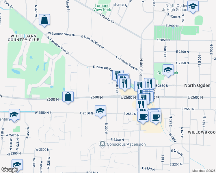 map of restaurants, bars, coffee shops, grocery stores, and more near 231 East 2650 North in Ogden