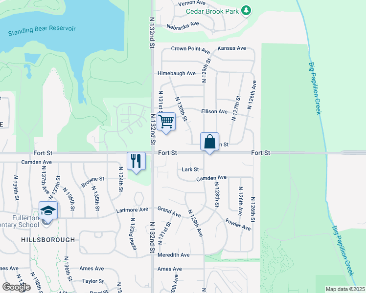 map of restaurants, bars, coffee shops, grocery stores, and more near 13021 Ogden Circle in Omaha