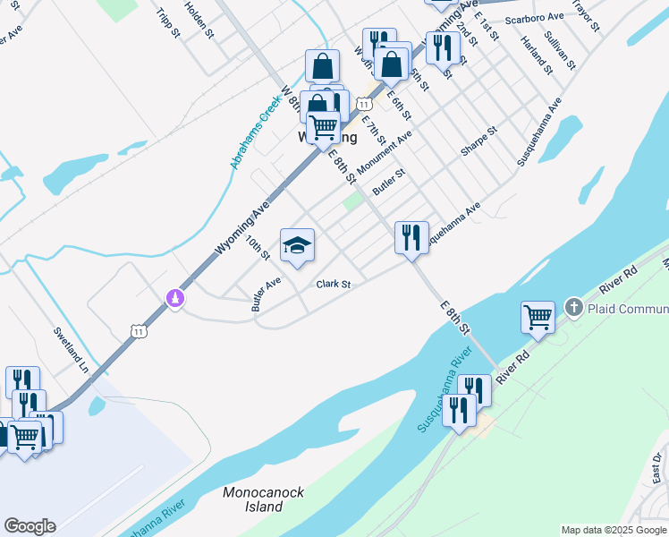 map of restaurants, bars, coffee shops, grocery stores, and more near 10 Clark St in Wyoming