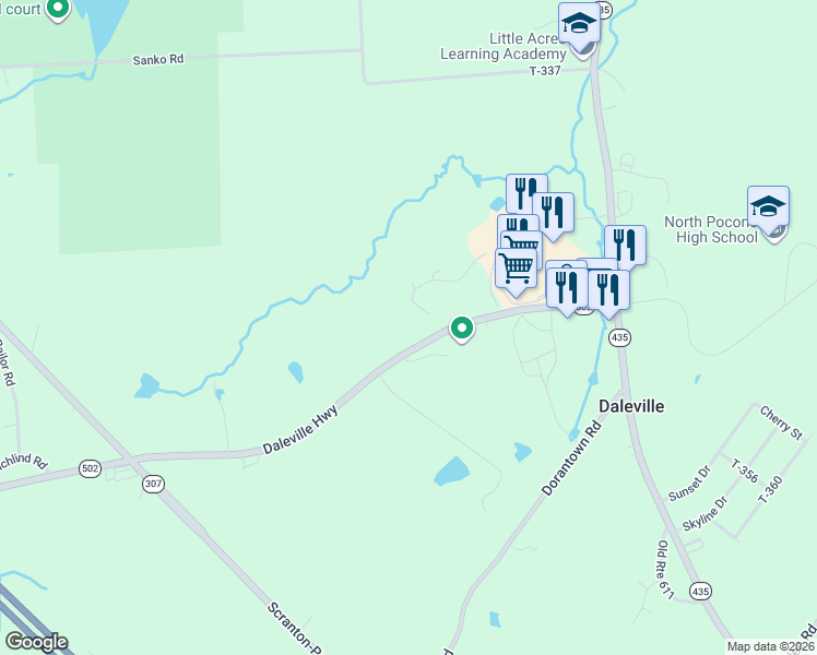 map of restaurants, bars, coffee shops, grocery stores, and more near 405 Daleville Highway in Lackawanna County