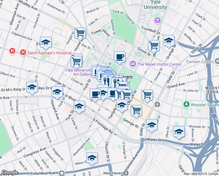 map of restaurants, bars, coffee shops, grocery stores, and more near 270 College Street in New Haven