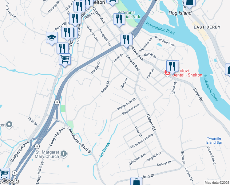 map of restaurants, bars, coffee shops, grocery stores, and more near 53 Milne Avenue in Shelton
