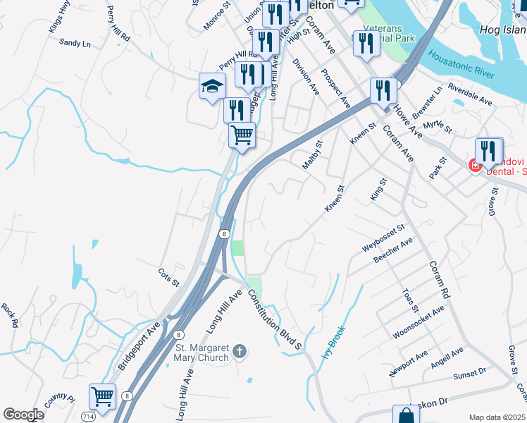 map of restaurants, bars, coffee shops, grocery stores, and more near 5 High Plains Road in Shelton