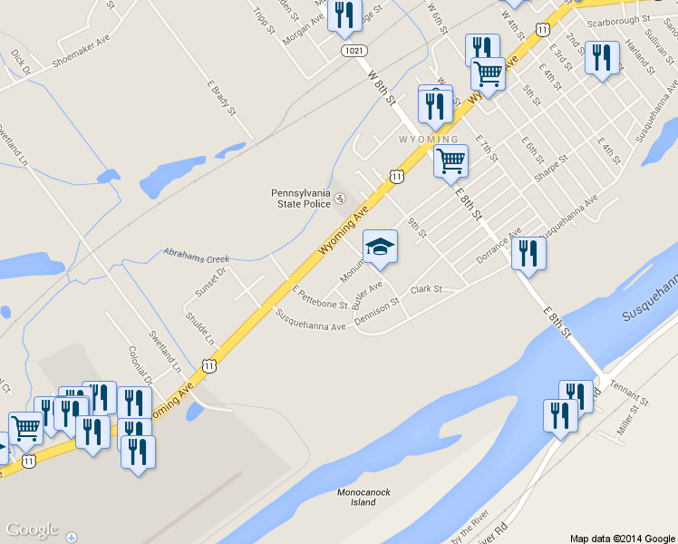 map of restaurants, bars, coffee shops, grocery stores, and more near 550 Monument Avenue in Wyoming