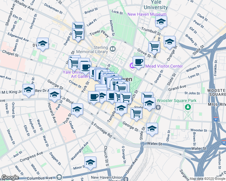 map of restaurants, bars, coffee shops, grocery stores, and more near 990 Chapel Street in New Haven