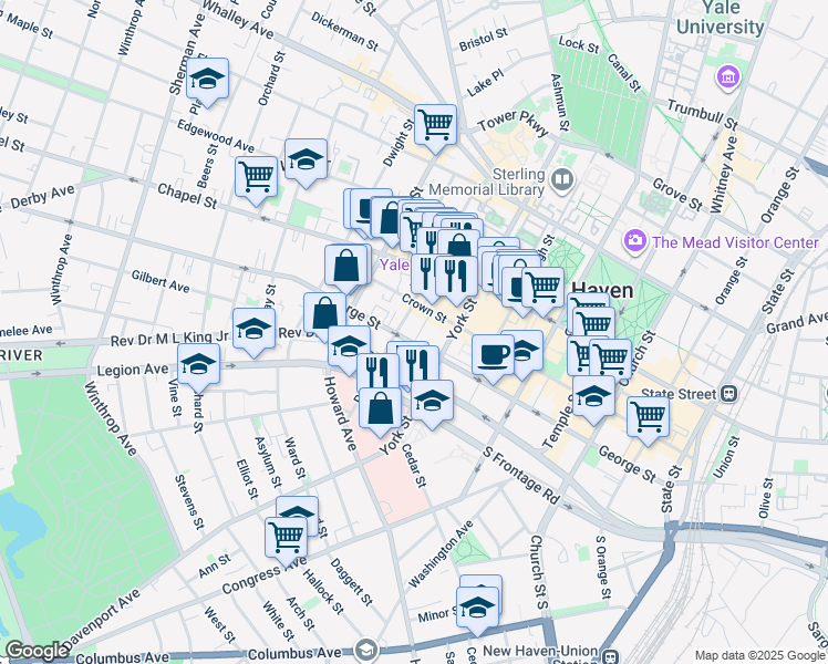 map of restaurants, bars, coffee shops, grocery stores, and more near 111 Park Street in New Haven