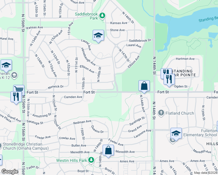 map of restaurants, bars, coffee shops, grocery stores, and more near 14866 Ogden St in Omaha