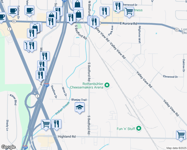 map of restaurants, bars, coffee shops, grocery stores, and more near 8199 South Bedford Road in Macedonia