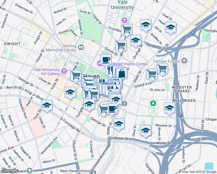 map of restaurants, bars, coffee shops, grocery stores, and more near 165 Church Street in New Haven