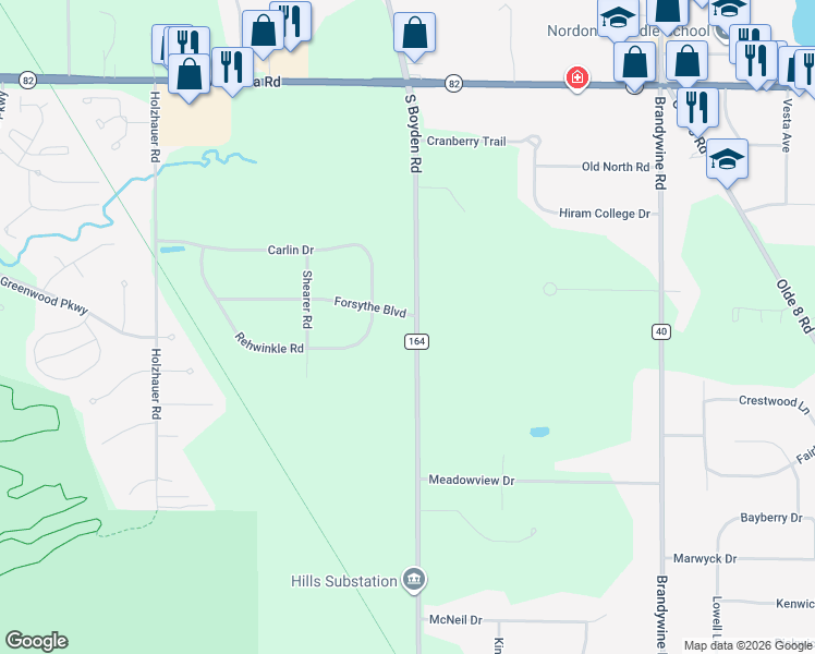 map of restaurants, bars, coffee shops, grocery stores, and more near 7530 South Boyden Road in Northfield
