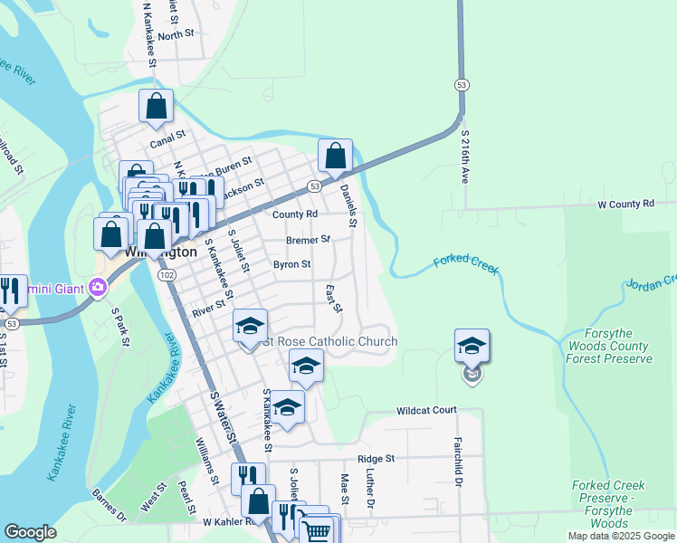 map of restaurants, bars, coffee shops, grocery stores, and more near 303 South East Street in Wilmington