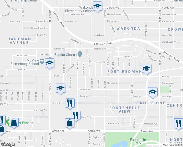 map of restaurants, bars, coffee shops, grocery stores, and more near 5309 North 49th Street in Omaha