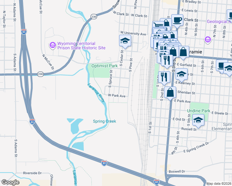 map of restaurants, bars, coffee shops, grocery stores, and more near 714 South Cedar Street in Laramie