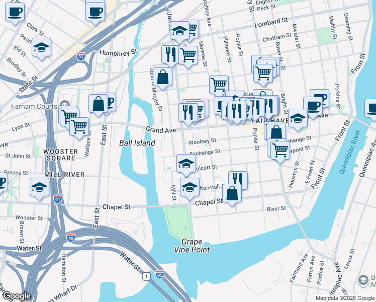 map of restaurants, bars, coffee shops, grocery stores, and more near 170 James Street in New Haven