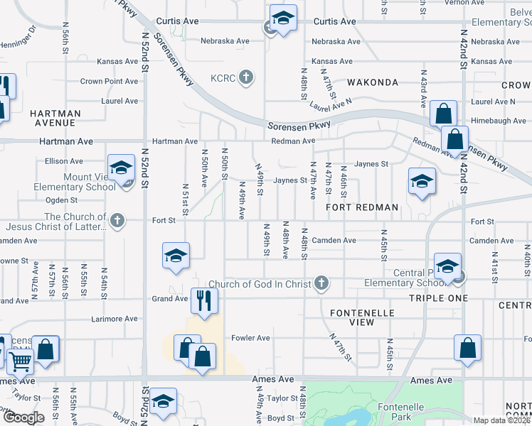 map of restaurants, bars, coffee shops, grocery stores, and more near 5309 North 49th Street in Omaha