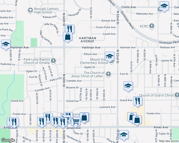map of restaurants, bars, coffee shops, grocery stores, and more near 5606 Fort Street in Omaha