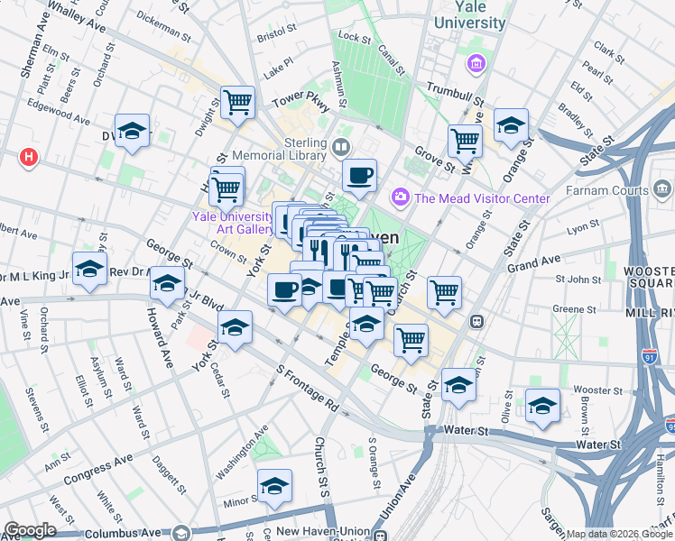 map of restaurants, bars, coffee shops, grocery stores, and more near 990 Chapel Street in New Haven