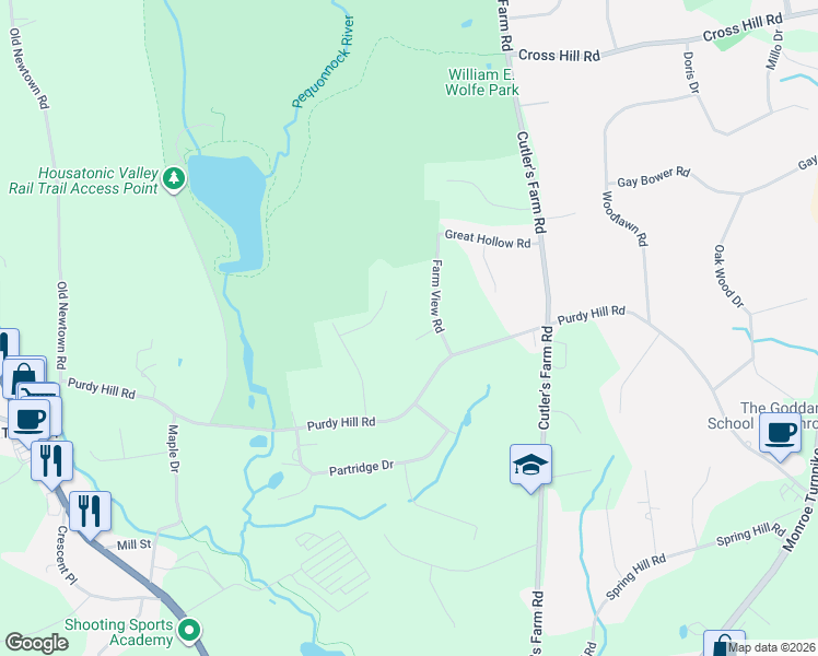 map of restaurants, bars, coffee shops, grocery stores, and more near 10 Pebble Road in Monroe